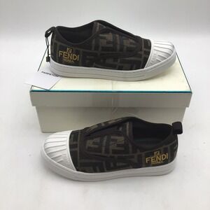 Fendi Kids FF Jacquard Slip-On Sneakers Brown Black Logo Size 1 US / EU 32 NEW
